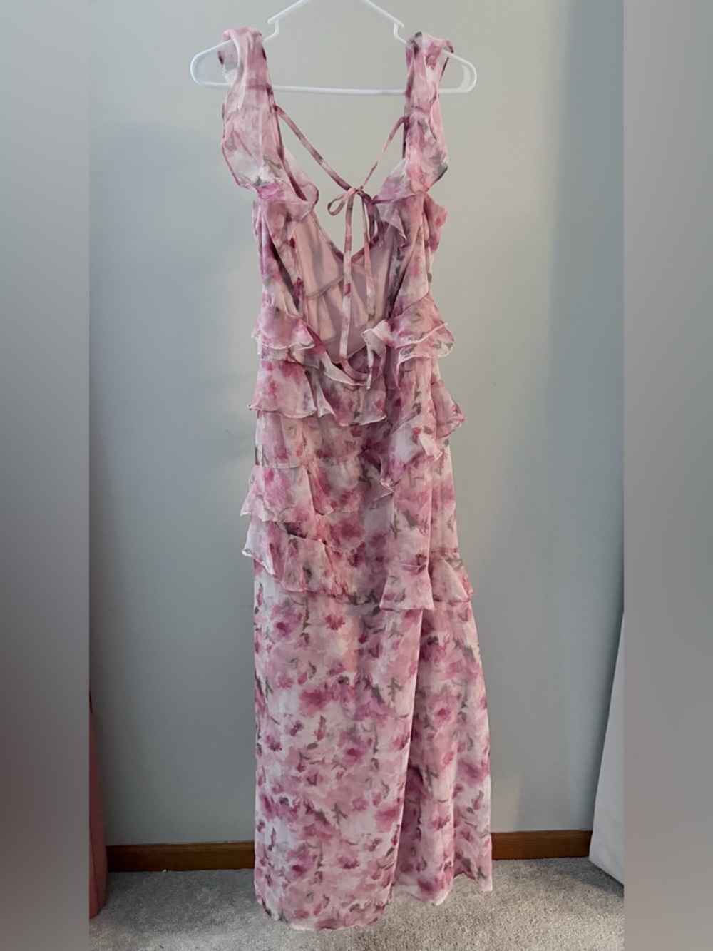 NWT Lulu's Pink Floral Ruffle-Tier Open Back with Tie Maxi Dress XL - Picture 6 of 9